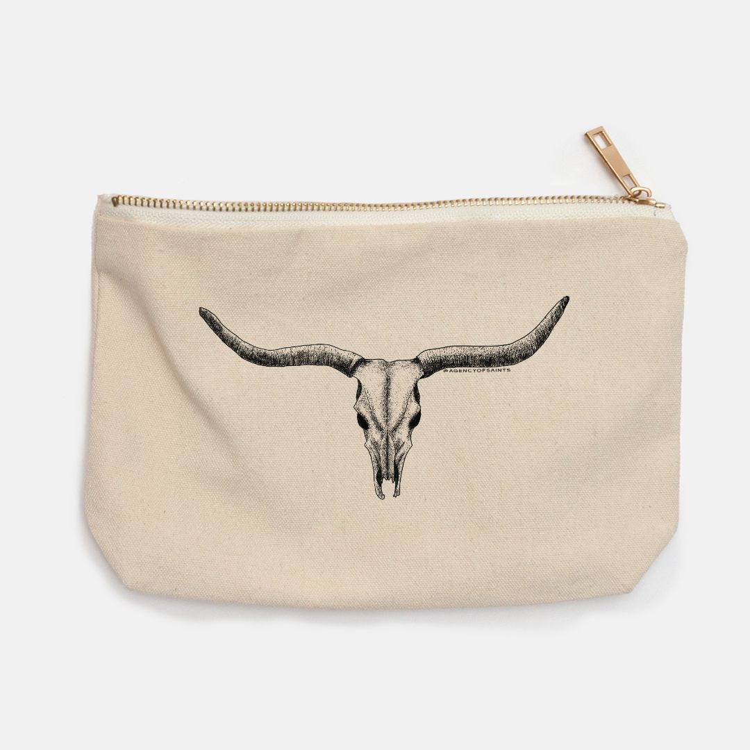 Longhorn Cotton Canvas Makeup Bag, Hand drawn Longhorn Cow for Western Inspired Fashion